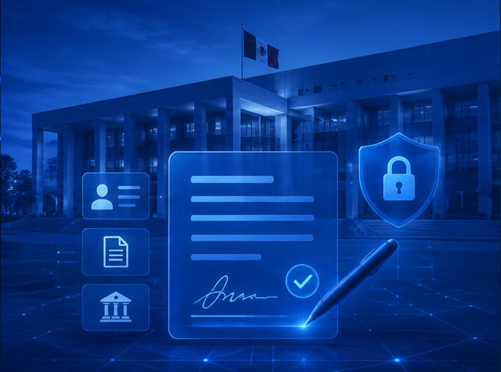 Edificio gubernamental con documentos digitales, firma electrónica y candado de seguridad